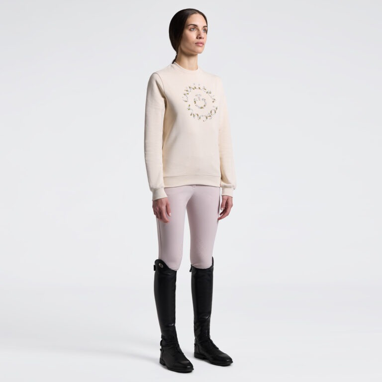Cavalleria Toscana Sweatshirt Beige/White Cotton Floral Embroidery Crew Neck